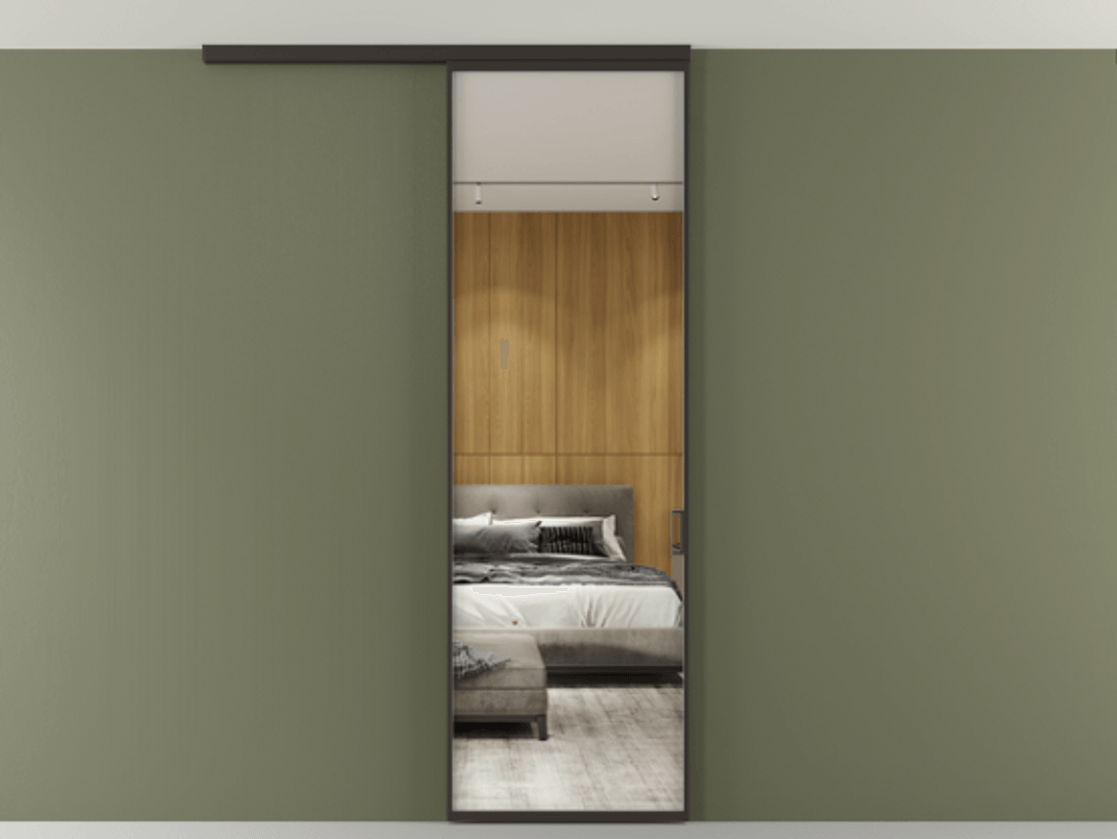 Перегородка Formato вдоль стены на потолок 1 створка АЛПР 040.01 Алюминий антрацит Двустороннее зеркало, триплекс , триплекс 6 мм Цена 122730 ₽ | Volhovec