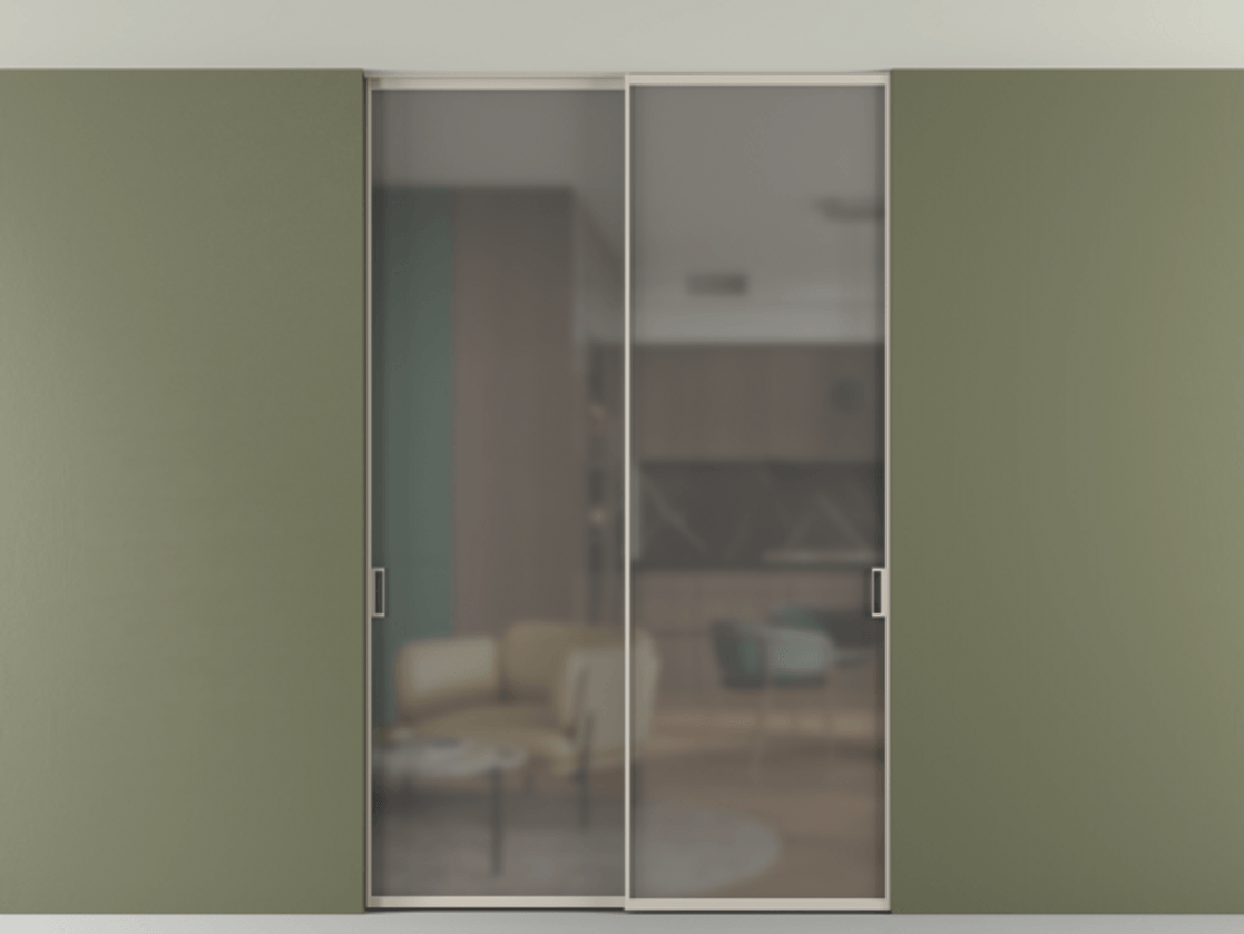 Перегородка Формато внутри проёма скрытое крепление в потолок 2 створки АЛПР 040.01 Алюминий светло-бежевый Сатинированное серое стекло, триплекс Цена 305400 ₽ | Volhovec