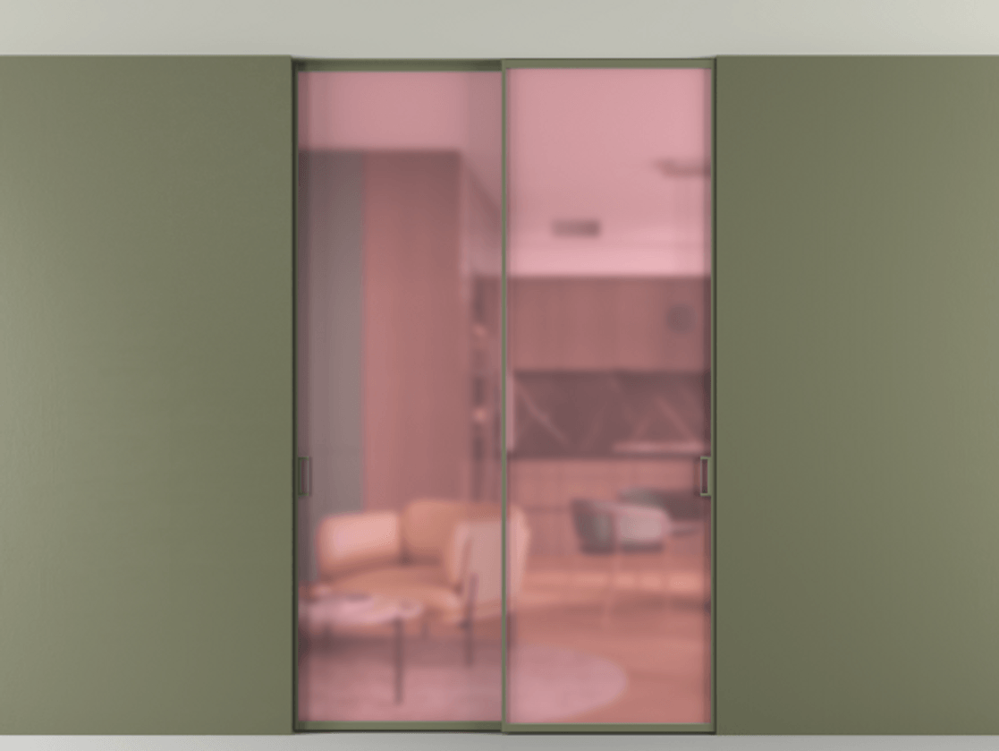 Перегородка Formato внутри проёма скрытое крепление в потолок 2 створки АЛПР 040.01 Алюминий оливковый тёмный Сатинированное розовое стекло, триплекс Цена 263240 ₽ | Volhovec