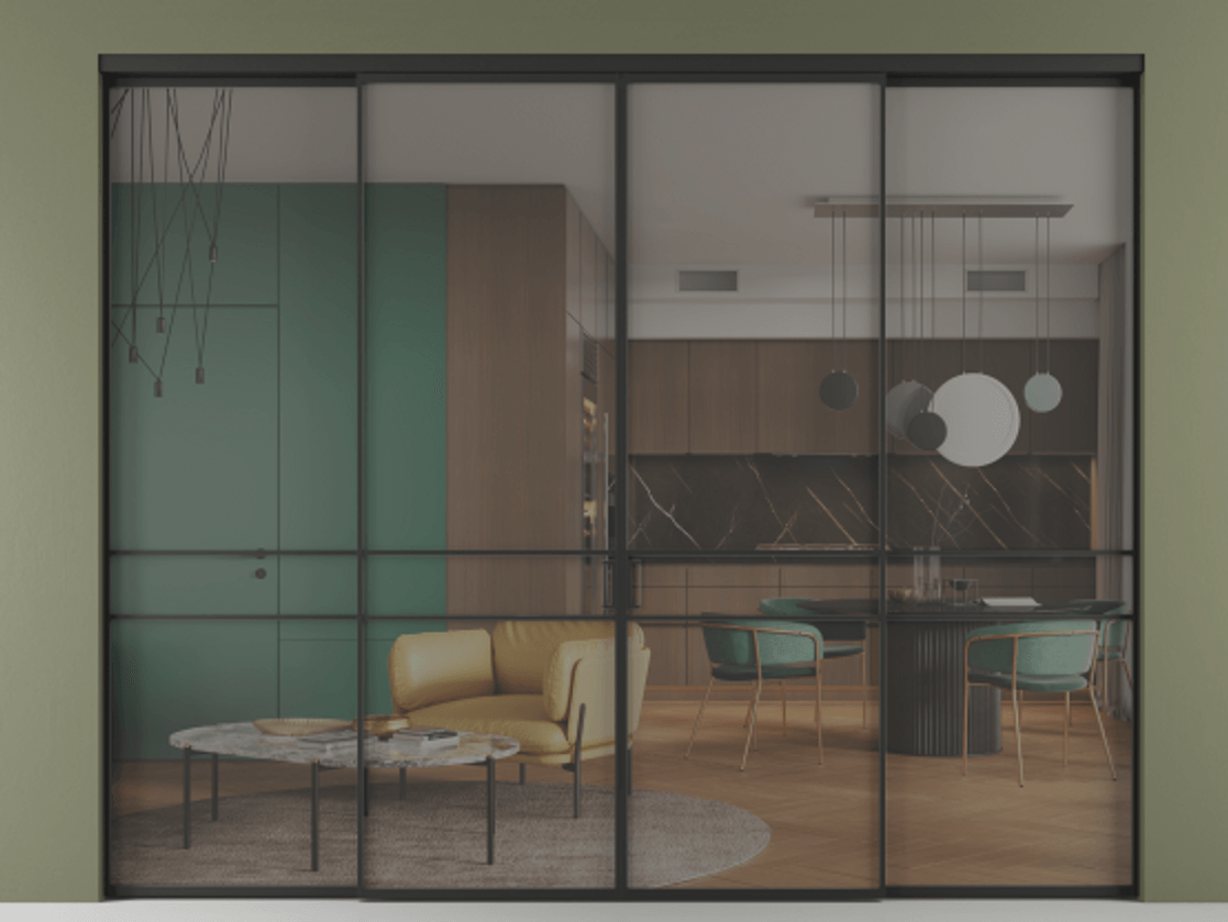 Перегородка Формато внутри проёма 4 створки АЛПР 040.02 Алюминий Черный Прозрачное серое стекло, триплекс Цена 419320 ₽  | Volhovec