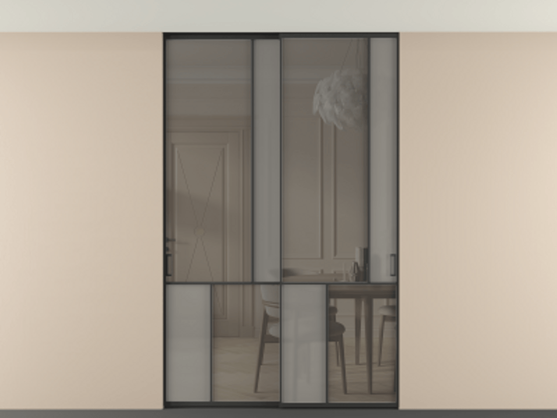 Перегородка Мозаик внутри проёма скрытое крепление в потолок 2 створки АЛПР 041.21 Алюминий Черный Сатинированное серое стекло, триплекс, 6 мм + Прозрачное серое стекло, триплекс Цена 346520 ₽ | Volhovec