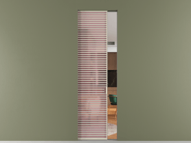 Алюминевая перегородка skr1_07_ Алюминий бежево-серый Сатинированное розовое стекло, триплекс, 6мм. Цвет Алюминий бежево-серый. Материал Алюминий в эмали. Коллекция Перегородка Formato скрытый пенал одностворчатая. Картинка.