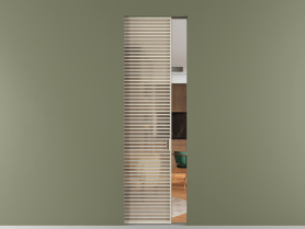 Алюминевая перегородка skr1_07_ Алюминий бежево-серый Сатинированное оранжевое стекло, триплекс, 6мм. Цвет Алюминий бежево-серый. Материал Алюминий в эмали. Коллекция Перегородка Formato скрытый пенал одностворчатая. Картинка.