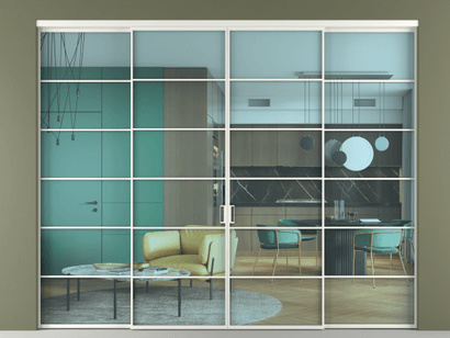 Алюминевая перегородка vn2+2_04 Алюминий светло-серый Прозрачное голубое стекло, триплекс, 6мм. Цвет Алюминий светло-серый. Материал Алюминий в эмали. Коллекция Перегородка Formato внутри проёма четырёхстворчатая. Картинка.