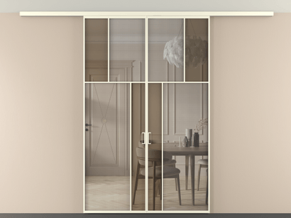 Алюминевая перегородка vdp2_2_АМБ_MS+Бронза триплекс_new. Цвет Алюминий молочно-белый. Материал Алюминий в эмали. Коллекция Перегородка Mosaic вдоль стены на потолок двустворчатая. Картинка.