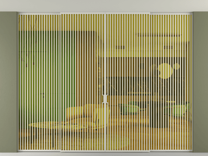 Алюминевая перегородка vn2+2_06_ Алюминий тёплый серый Прозрачное жёлтое стекло, триплекс, 6мм. Цвет Алюминий тёплый серый. Материал Алюминий в эмали. Коллекция Перегородка Formato внутри проёма четырёхстворчатая со скрытым креплением в потолок. Картинка.