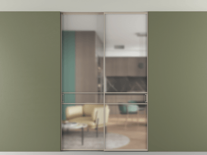 Алюминевая перегородка АЛПР 040.02_АБСК_Matelux Crystalvision_new. Цвет Алюминий бисквитный. Материал Алюминий в эмали. Коллекция Перегородка Formato внутри проёма двустворчатая со скрытым креплением в потолок. Картинка.