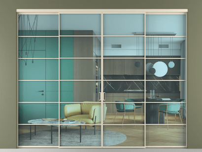 Алюминевая перегородка vn2+2_04 Алюминий бежево-серый Прозрачное голубое стекло, триплекс, 6мм. Цвет Алюминий бежево-серый. Материал Алюминий в эмали. Коллекция Перегородка Formato внутри проёма четырёхстворчатая. Картинка.