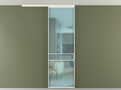 Алюминевая перегородка vd1_02 Алюминий пудровый белый Сатинированное голубое стекло, триплекс, 6мм. Цвет Алюминий пудровый белый. Материал Алюминий в эмали. Коллекция Перегородка Formato вдоль стены на потолок одностворчатая. Картинка.