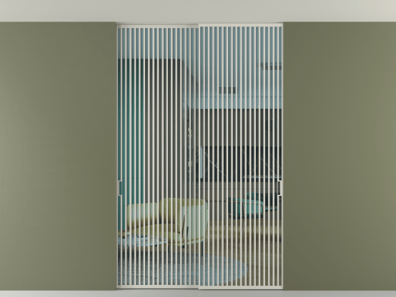 Алюминевая перегородка vn2_06 Алюминий тёплый серый Прозрачное голубое стекло, триплекс, 6мм. Цвет Алюминий тёплый серый. Материал Алюминий в эмали. Коллекция Перегородка Formato внутри проёма скрытое крепление в потолок 2 створки. Картинка.