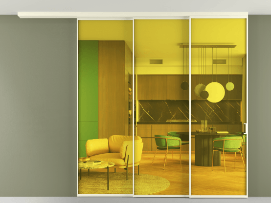 Алюминевая перегородка АЛПР 040.01_АМБ_ПРОЗ ЖЕЛ_new. Цвет Алюминий молочно-белый. Материал Алюминий в эмали. Коллекция Перегородка Formato вдоль стены на потолок 3 створки с синхронным механизмом. Картинка.