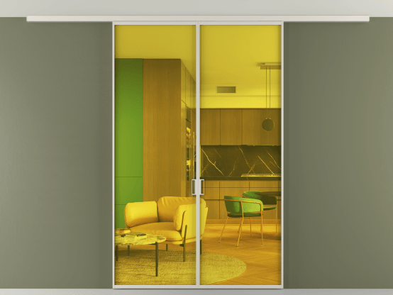 Алюминевая перегородка АЛПР 040.01_АОС_ПРОЗ ЖЕЛ_new. Цвет Алюминий облачно-серый. Материал Алюминий в эмали. Коллекция Перегородка Formato вдоль стены на потолок 2 створки. Картинка.