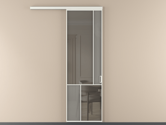 Алюминевая перегородка vd1_1 Алюминий светло-серый Серый сатин матовое + Серый прозрачное. Цвет Алюминий светло-серый. Материал Алюминий в эмали. Коллекция Перегородка Mosaic вдоль стены 1 створка. Картинка.