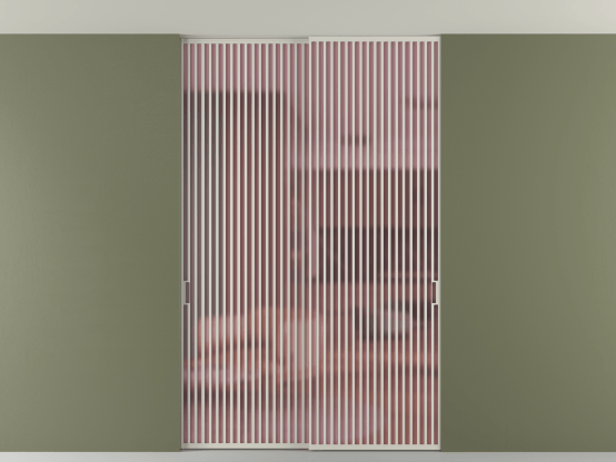 Алюминевая перегородка vn2_06 Алюминий тёплый серый Сатинированное розовое стекло, триплекс, 6мм. Цвет Алюминий тёплый серый. Материал Алюминий в эмали. Коллекция Перегородка Formato внутри проёма скрытое крепление в потолок 2 створки. Картинка.