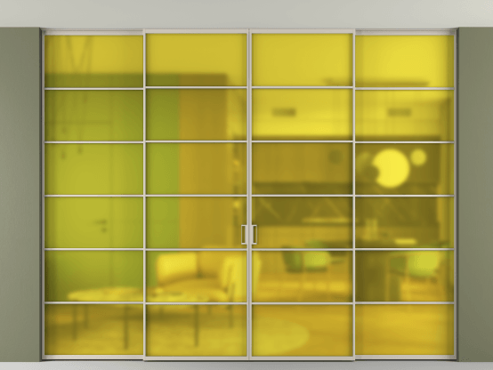 Алюминевая перегородка АЛПР 040.04_АСБЖ_САТ ЖЕЛ_new. Цвет Алюминий светло-бежевый. Материал Алюминий в эмали. Коллекция Перегородка Formato внутри проёма скрытое крепление в потолок 4 створки. Картинка.