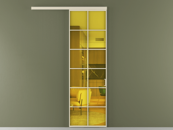 Алюминевая перегородка vd1_05_ Алюминий бежево-серый Прозрачное жёлтое стекло, триплекс, 6мм. Цвет Алюминий бежево-серый. Материал Алюминий в эмали. Коллекция Перегородка Formato вдоль стены 1 створка. Картинка.