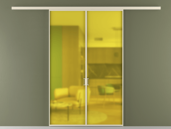 Алюминевая перегородка vd2_01_ Алюминий бежево-серый Сатинированное жёлтое стекло, триплекс, 6мм. Цвет Алюминий бежево-серый. Материал Алюминий в эмали. Коллекция Перегородка Formato вдоль стены 2 створки. Картинка.