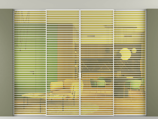 Алюминевая перегородка АЛПР 040.07_АБЛ_ПРОЗ ЖЕЛ_new. Цвет Алюминий белоснежный. Материал Алюминий в эмали. Коллекция Перегородка Formato внутри проёма скрытое крепление в потолок 4 створки. Картинка.