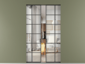 Алюминевая перегородка АЛПР 040.05 ЧРН Зеркало триплекс. Цвет Алюминий Черный. Материал Алюминий. Коллекция Перегородка Formato скрытый пенал 2 створки. Картинка.