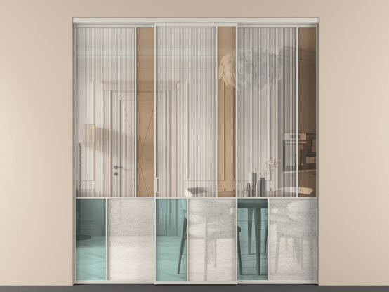 Алюминевая перегородка vn3_1 Алюминий тёплый серый Четыре стекла. Цвет Алюминий тёплый серый. Материал Алюминий в эмали. Коллекция Перегородка Mosaic внутри проёма 3 створки. Картинка.