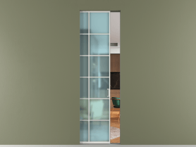 Алюминевая перегородка skr1_05_ Алюминий светло-серый Сатинированное голубое стекло, триплекс, 6мм. Цвет Алюминий светло-серый. Материал Алюминий в эмали. Коллекция Перегородка Формато скрытый пенал 1 створка. Картинка.