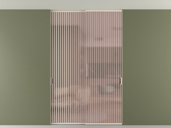 Алюминевая перегородка vn2_06 Алюминий бежево-серый Сатинированное розовое стекло, триплекс, 6мм. Цвет Алюминий бежево-серый. Материал Алюминий в эмали. Коллекция Перегородка Formato внутри проёма скрытое крепление в потолок 2 створки. Картинка.