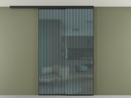 Алюминевая перегородка АЛПР 040.06_ЧРН_САТ ГОЛ_new. Цвет Алюминий Черный. Материал Алюминий. Коллекция Перегородка Formato вдоль стены на потолок 2 створки с синхронным механизмом. Картинка.