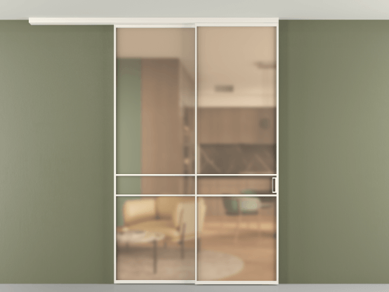 Алюминевая перегородка pv2_2_02_ Алюминий пудровый белый Сатинированное оранжевое стекло, триплекс, 6мм. Цвет Алюминий пудровый белый. Материал Алюминий в эмали. Коллекция Перегородка Formato вдоль стены на потолок 2 створки с синхронным механизмом. Картинка.