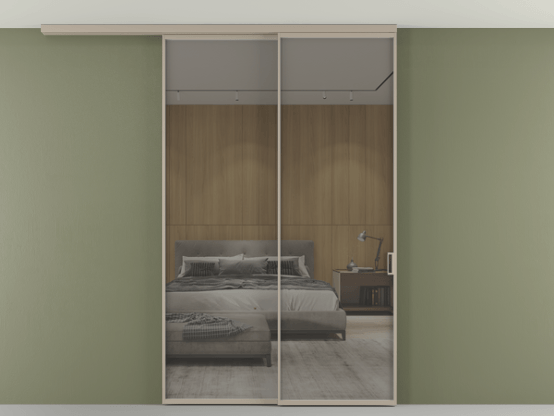 Алюминевая перегородка АЛПР 040.01_АБСК_Stopsol Grey_new. Цвет Алюминий бисквитный. Материал Алюминий в эмали. Коллекция Перегородка Formato вдоль стены на потолок 2 створки с синхронным механизмом. Картинка.