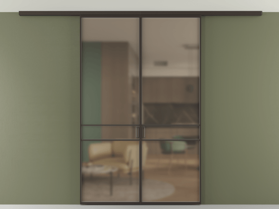 Алюминевая перегородка АЛПР 040.02_ААН_Бронза сатин триплекс_new. Цвет Алюминий антрацит. Материал Алюминий в эмали. Коллекция Перегородка Формато вдоль стены на потолок 2 створки. Картинка.