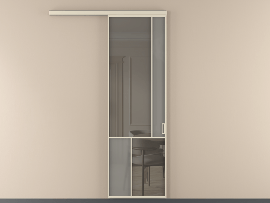 Алюминевая перегородка vd1_1 Алюминий бежево-серый Серый сатин матовое + Серый прозрачное. Цвет Алюминий бежево-серый. Материал Алюминий в эмали. Коллекция Перегородка Mosaic вдоль стены 1 створка. Картинка.