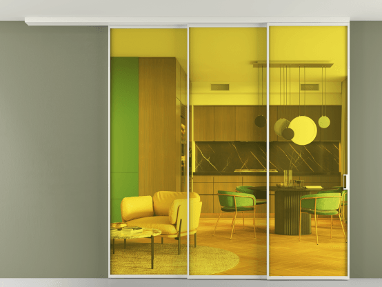 Алюминевая перегородка АЛПР 040.01_АСР_ПРОЗ ЖЕЛ_new. Цвет Алюминий серый. Материал Алюминий в эмали. Коллекция Перегородка Formato вдоль стены на потолок 3 створки с синхронным механизмом. Картинка.