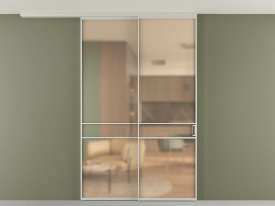 Алюминевая перегородка pv2_2_02_ Алюминий тёплый серый Сатинированное оранжевое стекло, триплекс, 6мм. Цвет Алюминий тёплый серый. Материал Алюминий в эмали. Коллекция Перегородка Formato вдоль стены на потолок 2 створки с синхронным механизмом. Картинка.