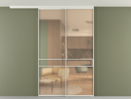 Алюминевая перегородка pv2_2_02_ Алюминий светло-серый Сатинированное оранжевое стекло, триплекс, 6мм. Цвет Алюминий светло-серый. Материал Алюминий в эмали. Коллекция Перегородка Formato вдоль стены на потолок 2 створки с синхронным механизмом. Картинка.