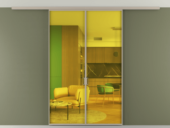 Алюминевая перегородка АЛПР 040.01_АБСК_ПРОЗ ЖЕЛ_new. Цвет Алюминий бисквитный. Материал Алюминий в эмали. Коллекция Перегородка Formato вдоль стены на потолок 2 створки. Картинка.