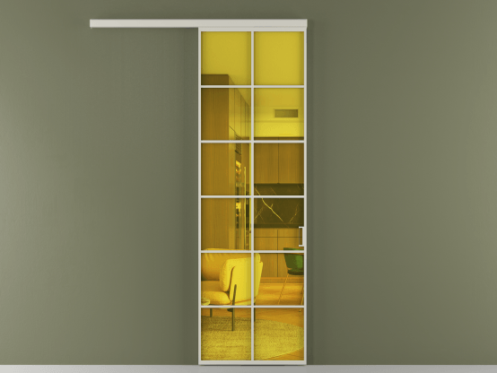 Алюминевая перегородка vd1_05_ Алюминий тёплый серый Прозрачное жёлтое стекло, триплекс, 6мм. Цвет Алюминий тёплый серый. Материал Алюминий в эмали. Коллекция Перегородка Formato вдоль стены 1 створка. Картинка.