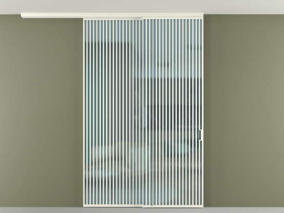 Алюминевая перегородка АЛПР 040.06_АЖМ_САТ ГОЛ_new. Цвет Алюминий жемчужный. Материал Алюминий в эмали. Коллекция Перегородка Formato вдоль стены на потолок 2 створки с синхронным механизмом. Картинка.