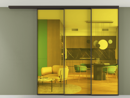 Алюминевая перегородка АЛПР 040.01_ААН_ПРОЗ ЖЕЛ_new. Цвет Алюминий антрацит. Материал Алюминий в эмали. Коллекция Перегородка Formato вдоль стены на потолок 3 створки с синхронным механизмом. Картинка.