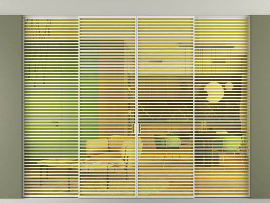 Алюминевая перегородка АЛПР 040.07_АСР_ПРОЗ ЖЕЛ_new. Цвет Алюминий серый. Материал Алюминий в эмали. Коллекция Перегородка Formato внутри проёма скрытое крепление в потолок 4 створки. Картинка.