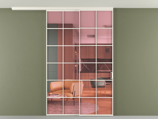 Алюминевая перегородка pv2_2_05_ Алюминий пудровый белый Прозрачное розовое стекло, триплекс, 6мм. Цвет Алюминий пудровый белый. Материал Алюминий в эмали. Коллекция Перегородка Formato вдоль стены на потолок 2 створки с синхронным механизмом. Картинка.