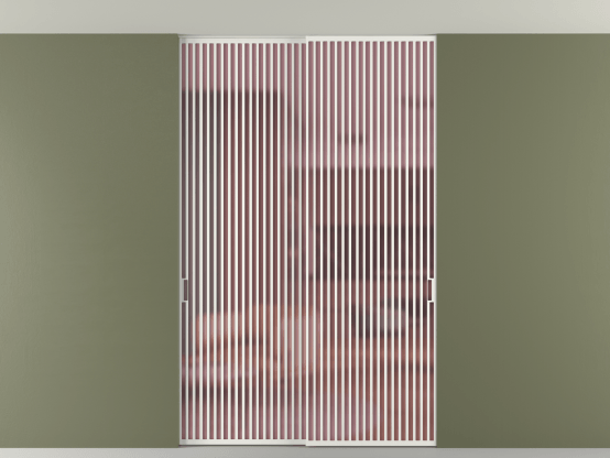 Алюминевая перегородка vn2_06 Алюминий светло-серый Сатинированное розовое стекло, триплекс, 6мм. Цвет Алюминий светло-серый. Материал Алюминий в эмали. Коллекция Перегородка Formato внутри проёма скрытое крепление в потолок 2 створки. Картинка.